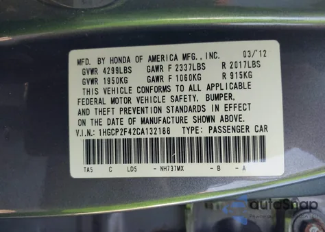 2012 Honda Accord Lxp from USA, damaged, VIN 1HGCP2F42CA132188